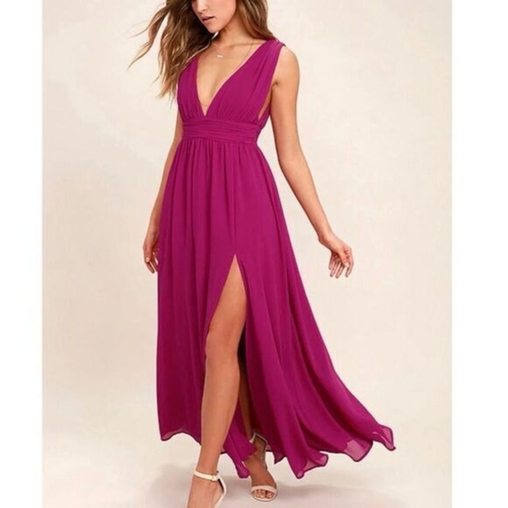 NWOT Lulus Women's XS‎ Heavenly Hues Magenta Maxi Dress Formal V-Neck High Slit